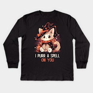 Funny Cat Pun Witch Spell Graphic Men Kids Women Halloween Kids Long Sleeve T-Shirt